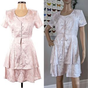 Vintage 90s Brett Alixander Mini Dress Floral Embossed Cottagecore Pink 11/12